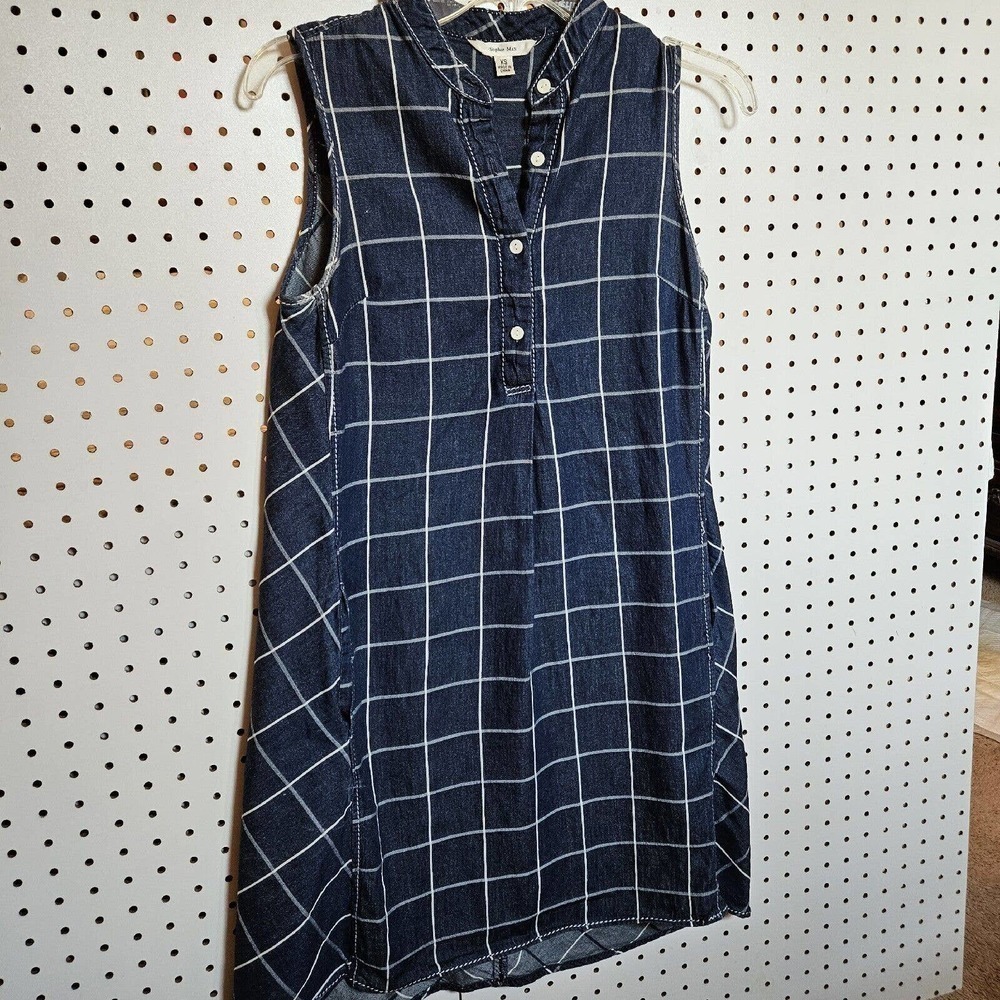 Sophie Max Checked Pattern Dress Size XS Navy White Grid Sleeveless Pock…